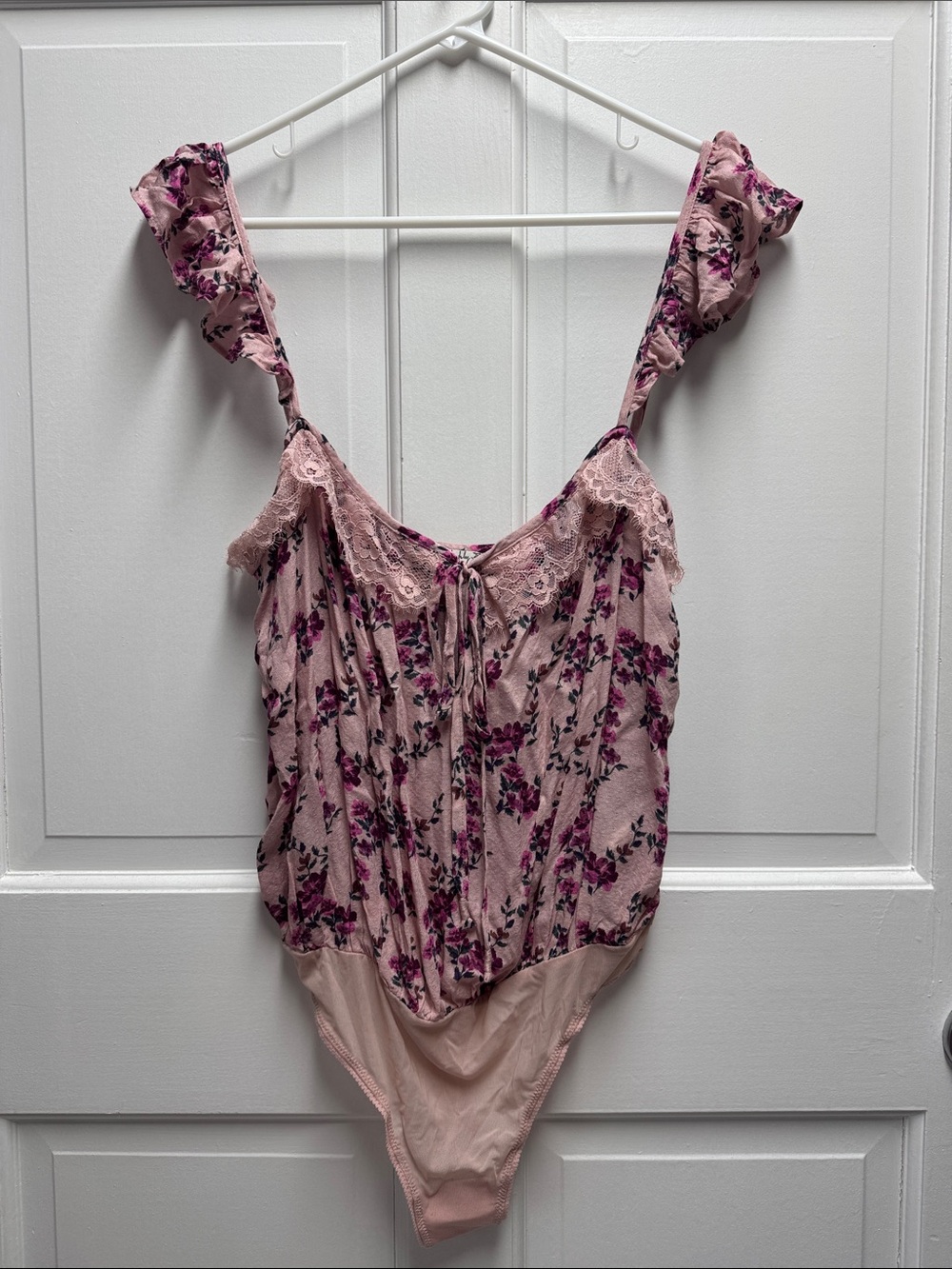 Free People Pink Floral Lace-Trim Bodysuit